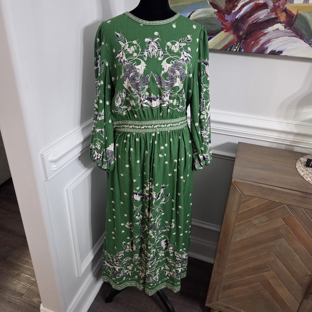 Max Studio Linen Blend Smocked Floral Maxi Dress L Cottage Boho Romantic Garden